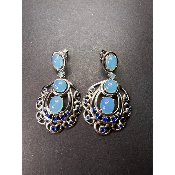 LAB CREATED BLUE SPINEL AND BLUE CHALCEDONY RHODIUM OVER SILVER EARRINGS - Picture 2 of 11